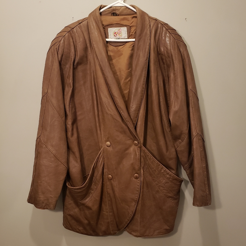 Vintage Adler Womens Large Brown Leather WW2 Jacket Flight Double Breasted Korea